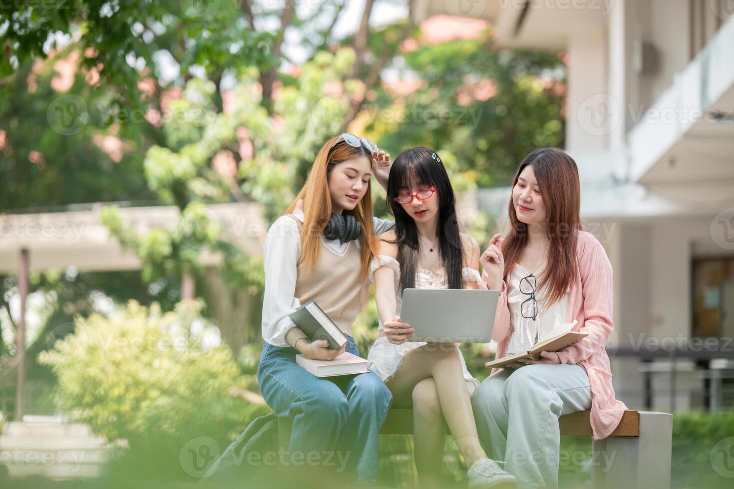 Asian young campus student enjoy learn study and reading books together. Friendship and Education concept. Campus school and university. Happiness and funny of learning in college photo