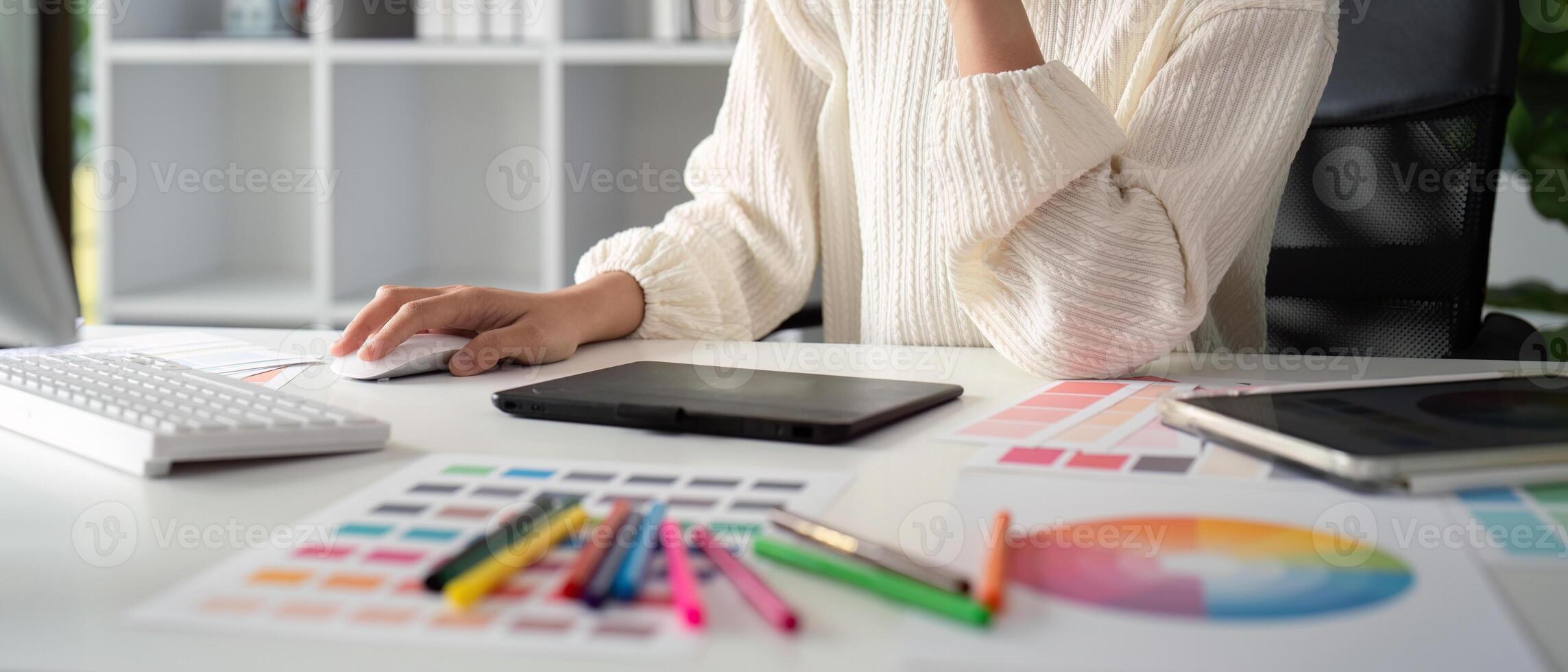 Woman graphic designer working in home office. Artist creative designer illustrator graphic skill concept photo