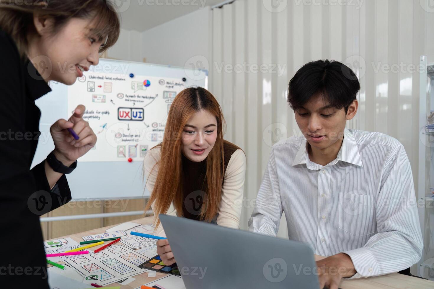 ux developer and ui designer presenting mobile app interface design on whiteboard in meeting at office. Creative digital development mobile app agency. digital transformation photo