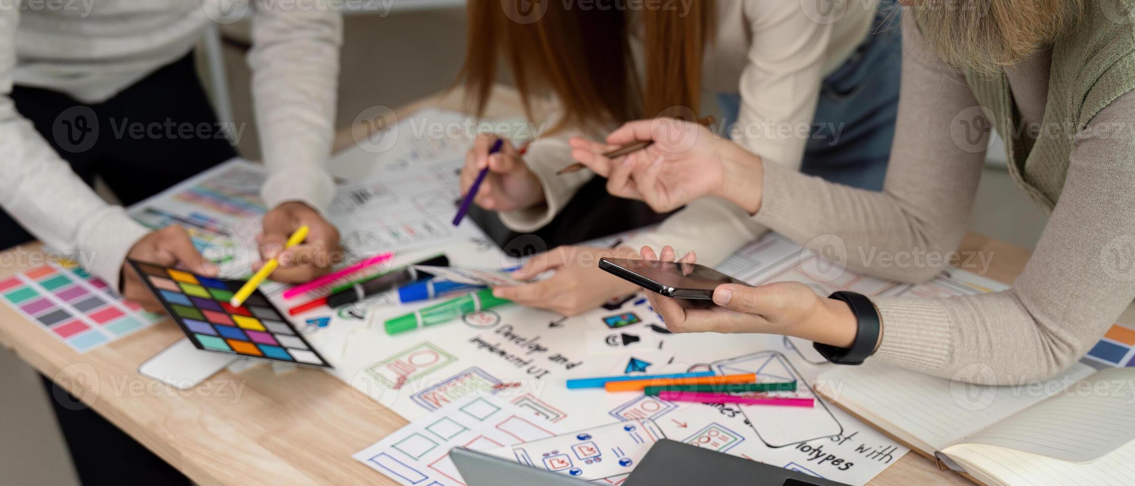 Brainstorm team of creative web graphic designer planning, Group of mobile phone app developer team meeting for share ideas about screen prototype layout for smartphone. startup planning ui and ux photo