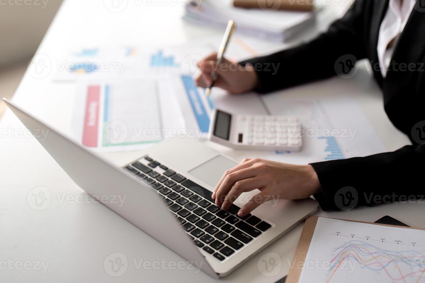 Documents, Business woman and accountant reading report for information, financial data or analysis. Paperwork, auditor check, review and bookkeeping, Calculate finance and tax in office photo