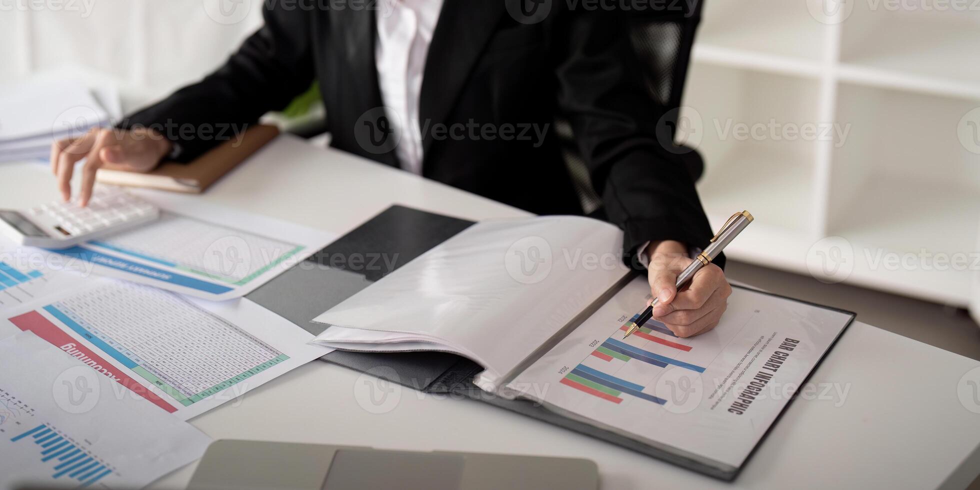 Documents, Business woman and accountant reading report for information, financial data or analysis. Paperwork, auditor check, review and bookkeeping, Calculate finance and tax in office photo