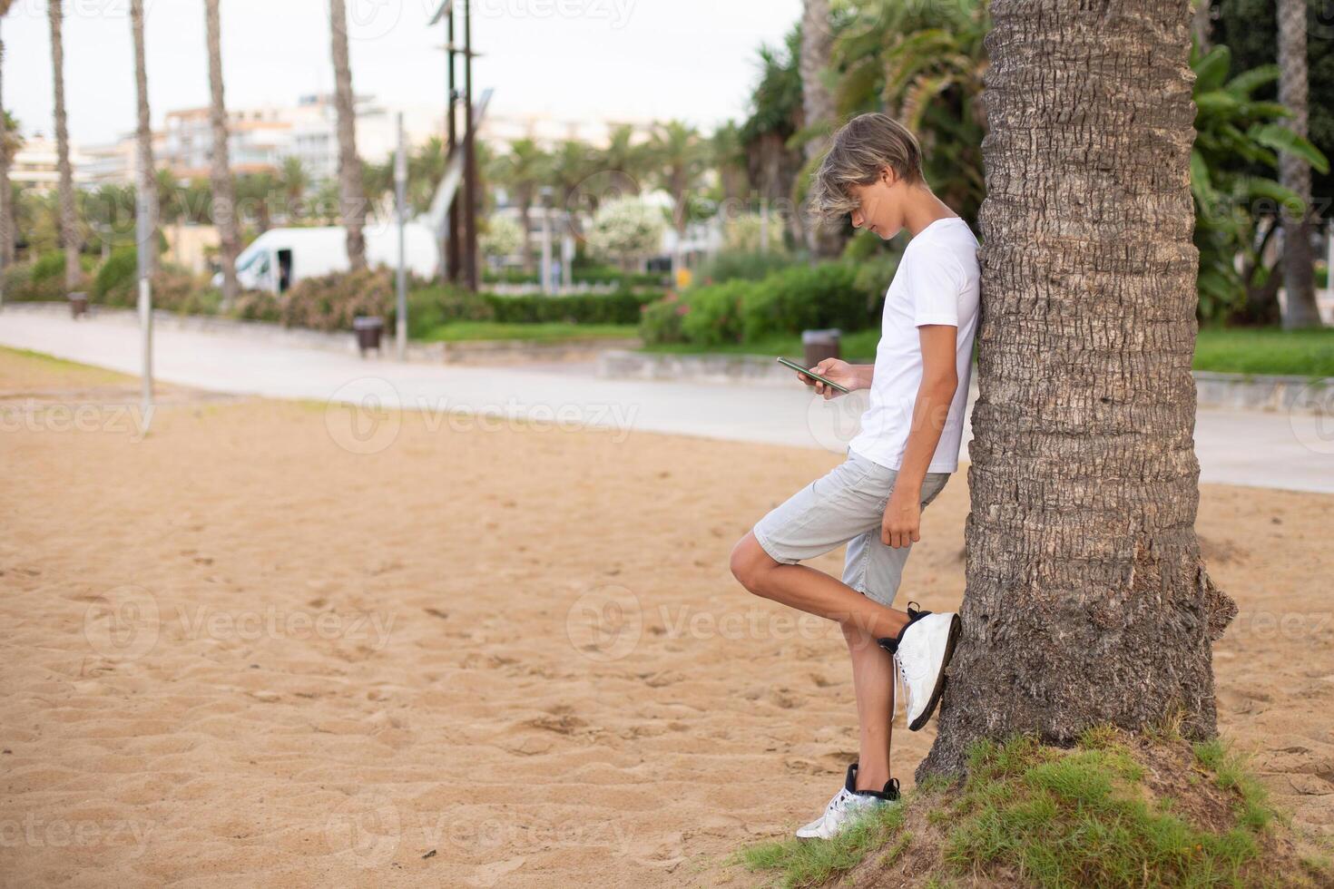 Fullbody handsome teenager boy using mobile phone outdoors in a park standing near the big palm.Side view, copy space. photo