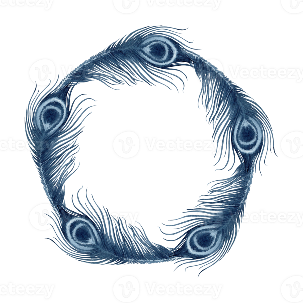 Peacock feathers wreath. Hand drawn watercolor illustration on transparent background. Indigo Blue monochrome beauty and wealth symbol. Round frame for logos, cards and invitations, fashion designs png