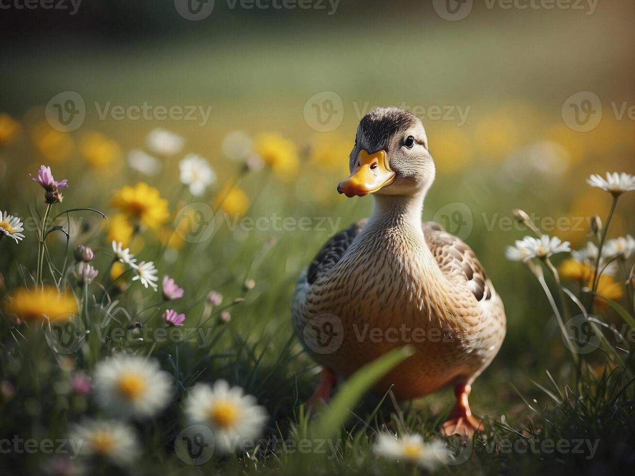 A cute duck in the meadow of grass with flowers photo