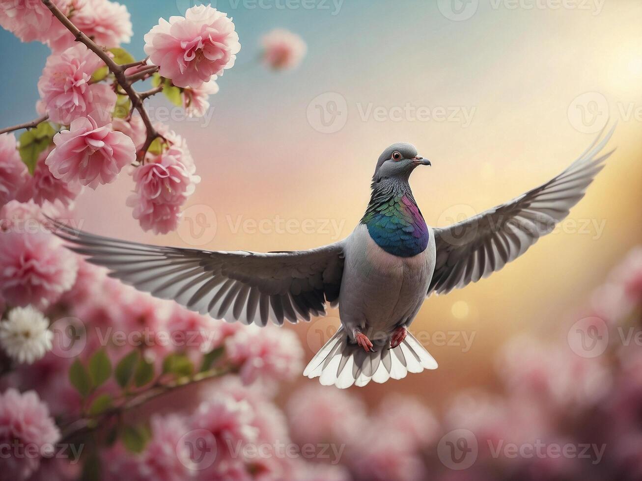 Close-up of a pigeon spreading its wings in the sky on blurred flowers background photo