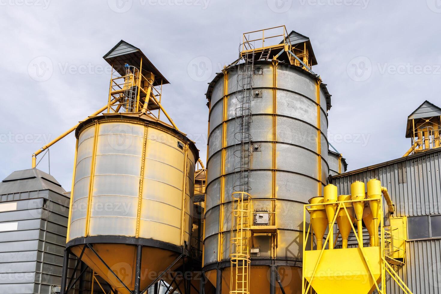 silos on agro-industrial complex with seed cleaning and drying line for grain storage photo