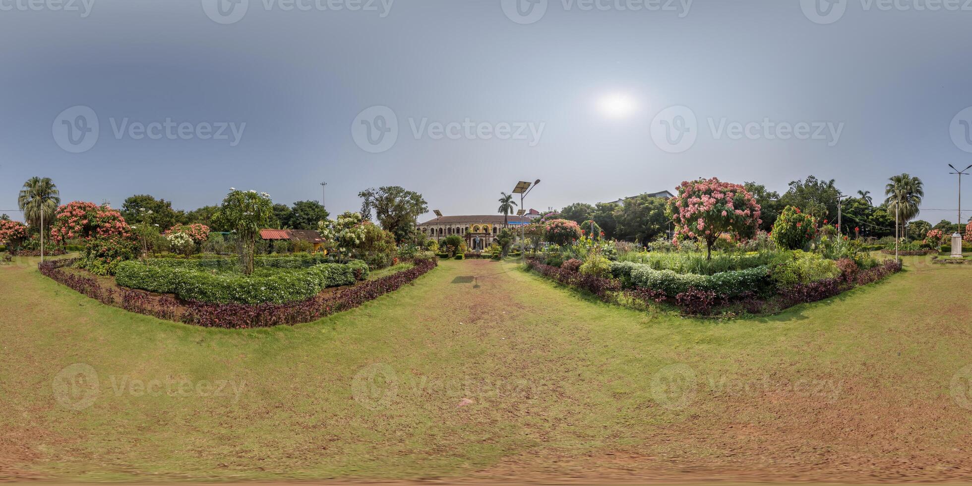 full spherical 360 hdri seamless panorama in equirectangular projection, panorama in park green zone with flowers in indian city, VR content photo