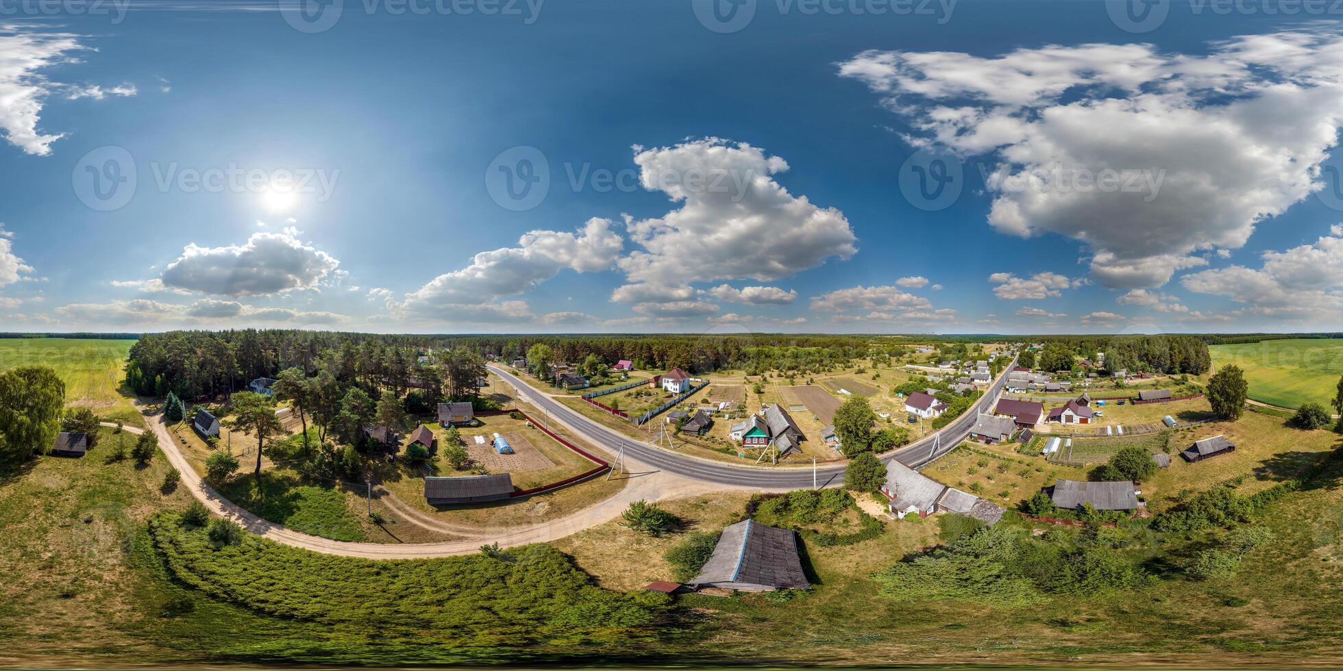 aerial hdri 360 panorama view over viilage from great height in equirectangular seamless spherical projection. may use like sky replacement for drone 360 panorama photo