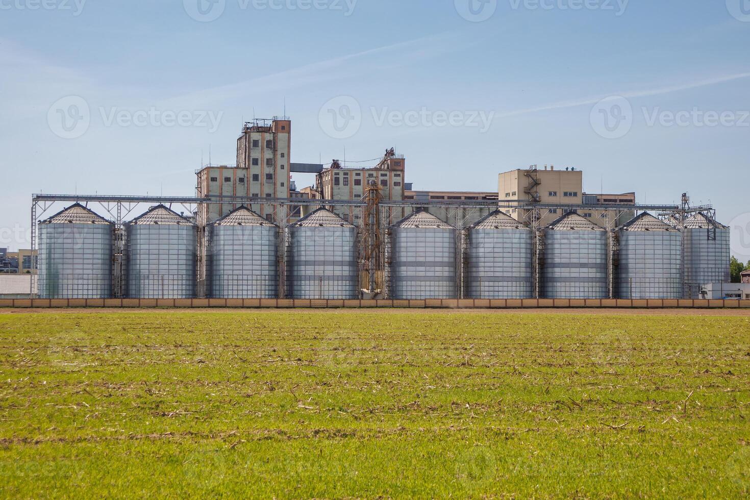 silos granary elevator on agro-industrial complex with seed cleaning and drying line for grain storage photo