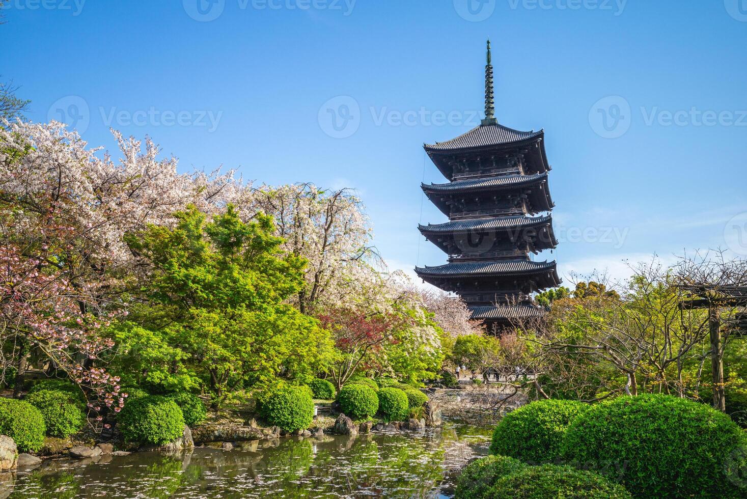 nacional tesoro cinco legendario pagoda de toji templo en kioto, Japón con Cereza florecer foto