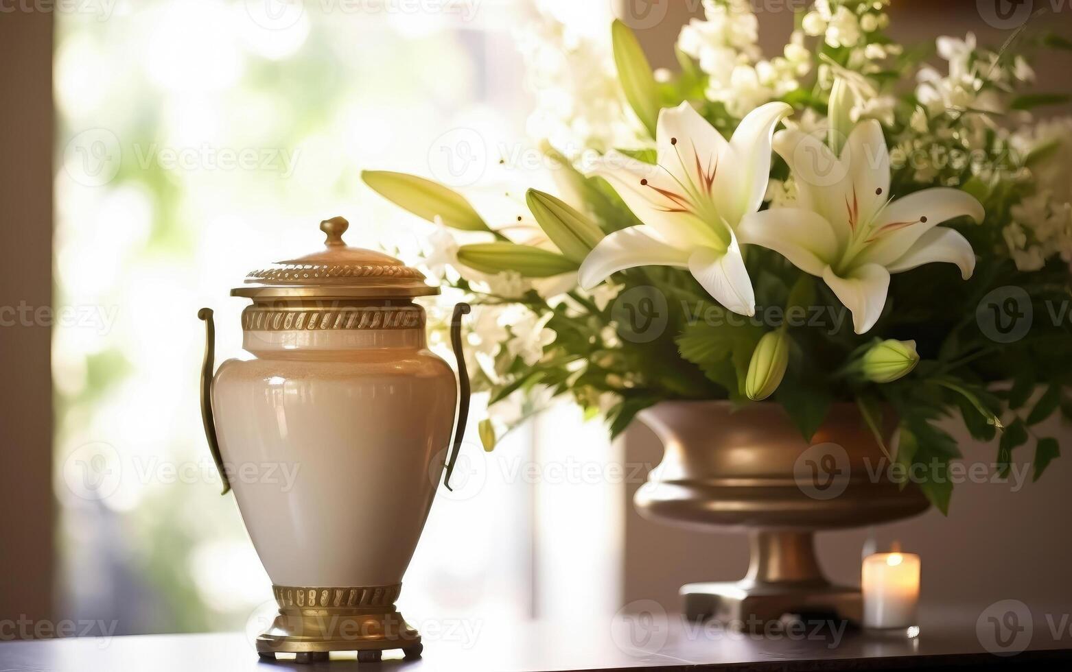 Sunlit Memorial - Funeral Urn and White Lilies Bouquet photo