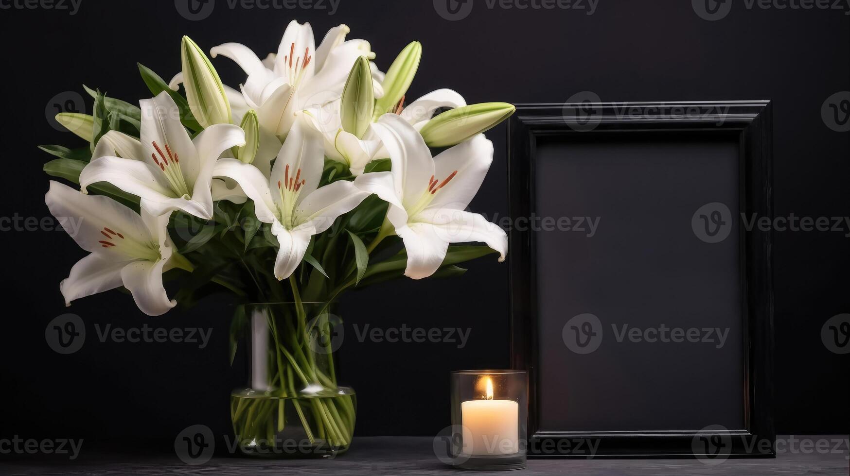 Mourning Remembrance - Bouquet of White Lilies, Burning Candle, and Empty Photo Frame