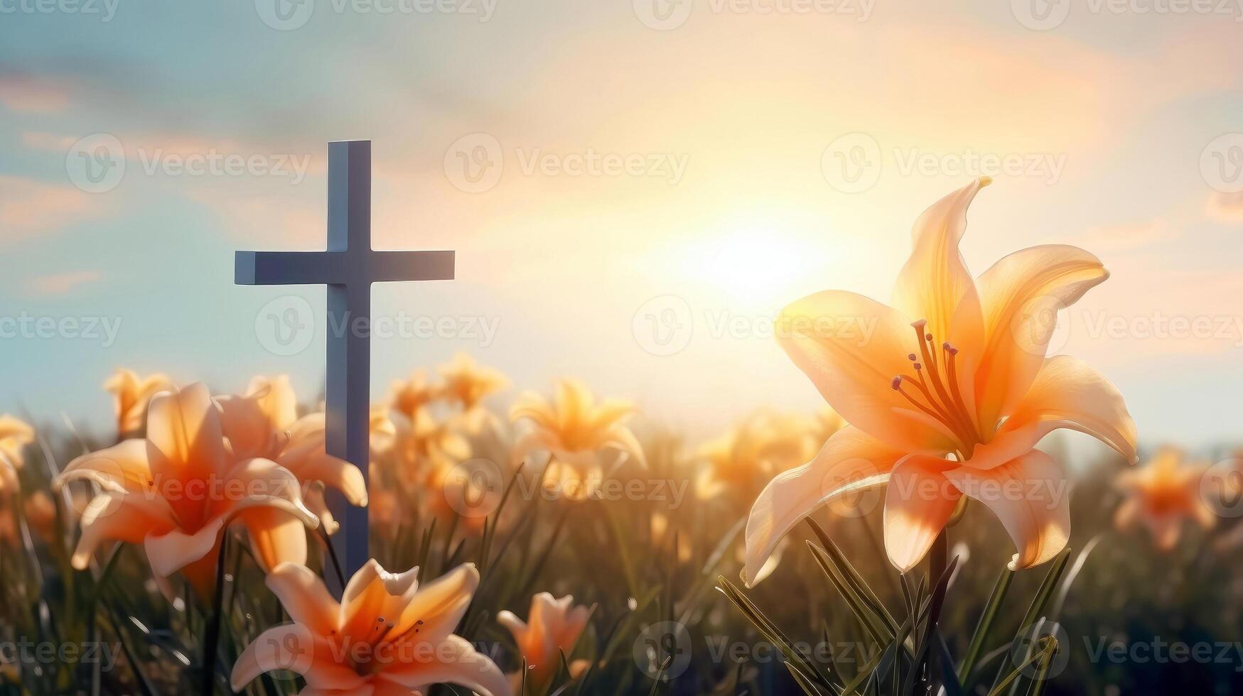 Wooden Cross and Blooming Lilies - Symbol of Hope and Faith photo