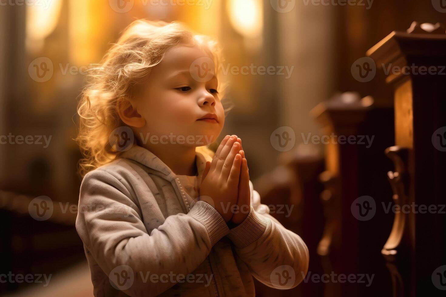 piadoso pequeño niño en devoto reverencia a Iglesia foto