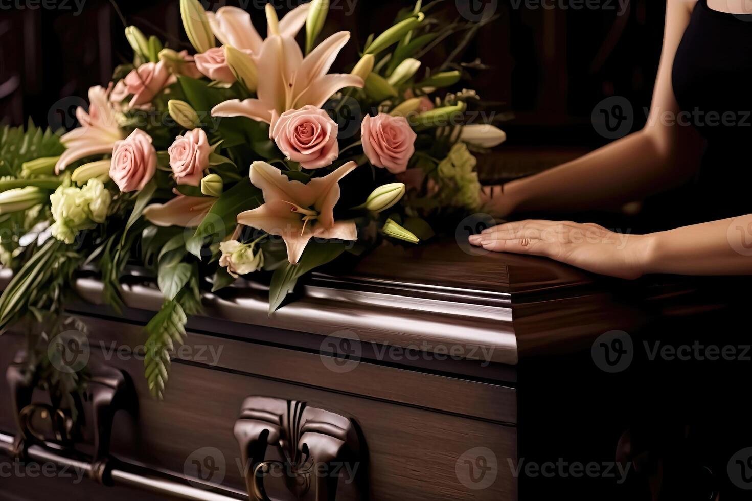 Funeral Gesture - female hands Placing bouquet of flowers on Coffin Lid - Mourning Concept photo