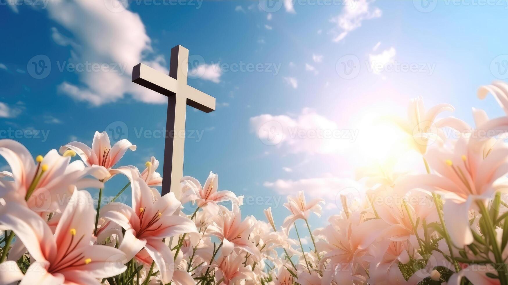 Divine Serenity - Wooden Cross Among White Lilies and Blue Sky photo