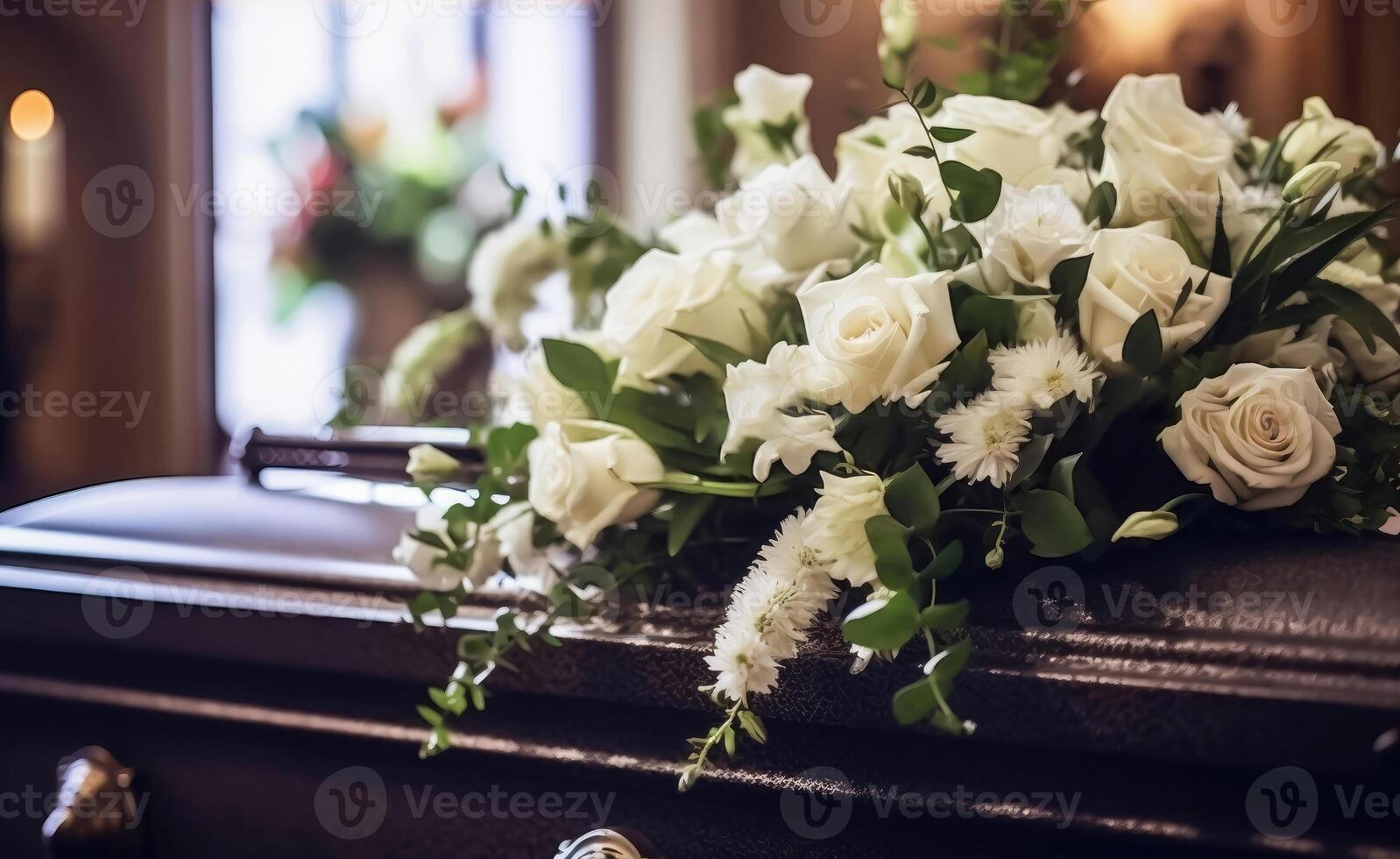 Serene Tribute - Funeral Bouquet of White Flowers on Coffin Lid photo