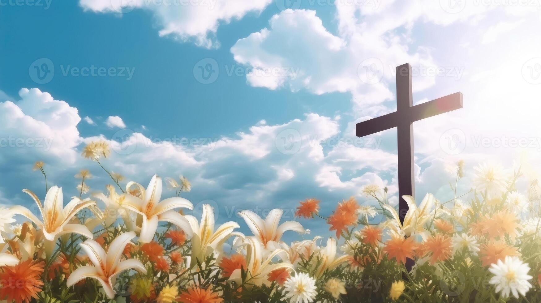 Spiritual Reassurance - Wooden Cross and White Lilies in Heavenly Setting photo