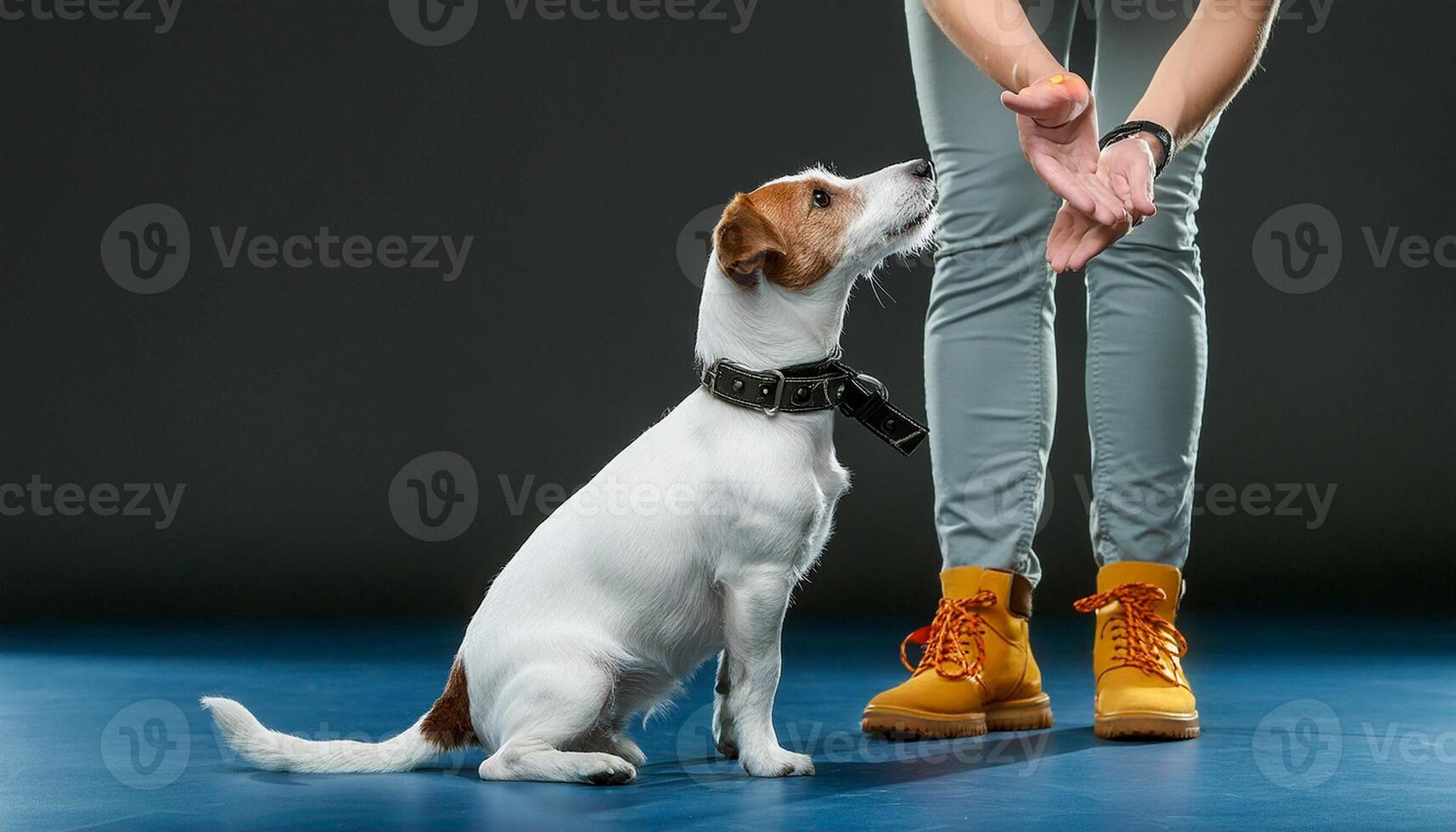 The human teaches the dog commands. Jack Russell Terrier breed. photo