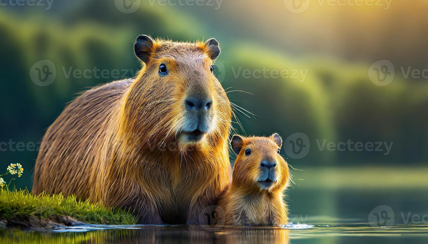 Close up of a Capybara and baby in a lake photo