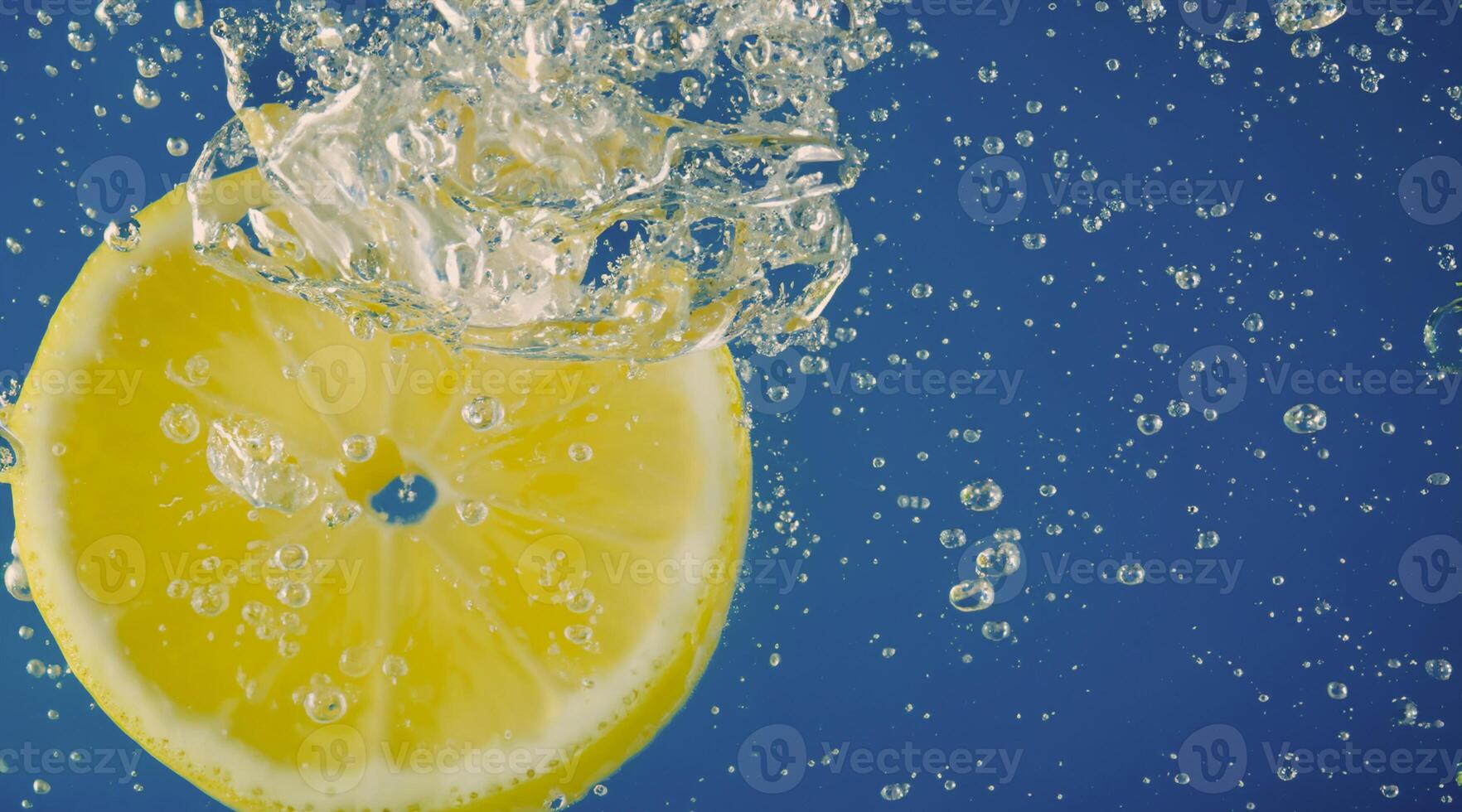 Underwater lemon slice in soda water or lemonade with bubbles. photo