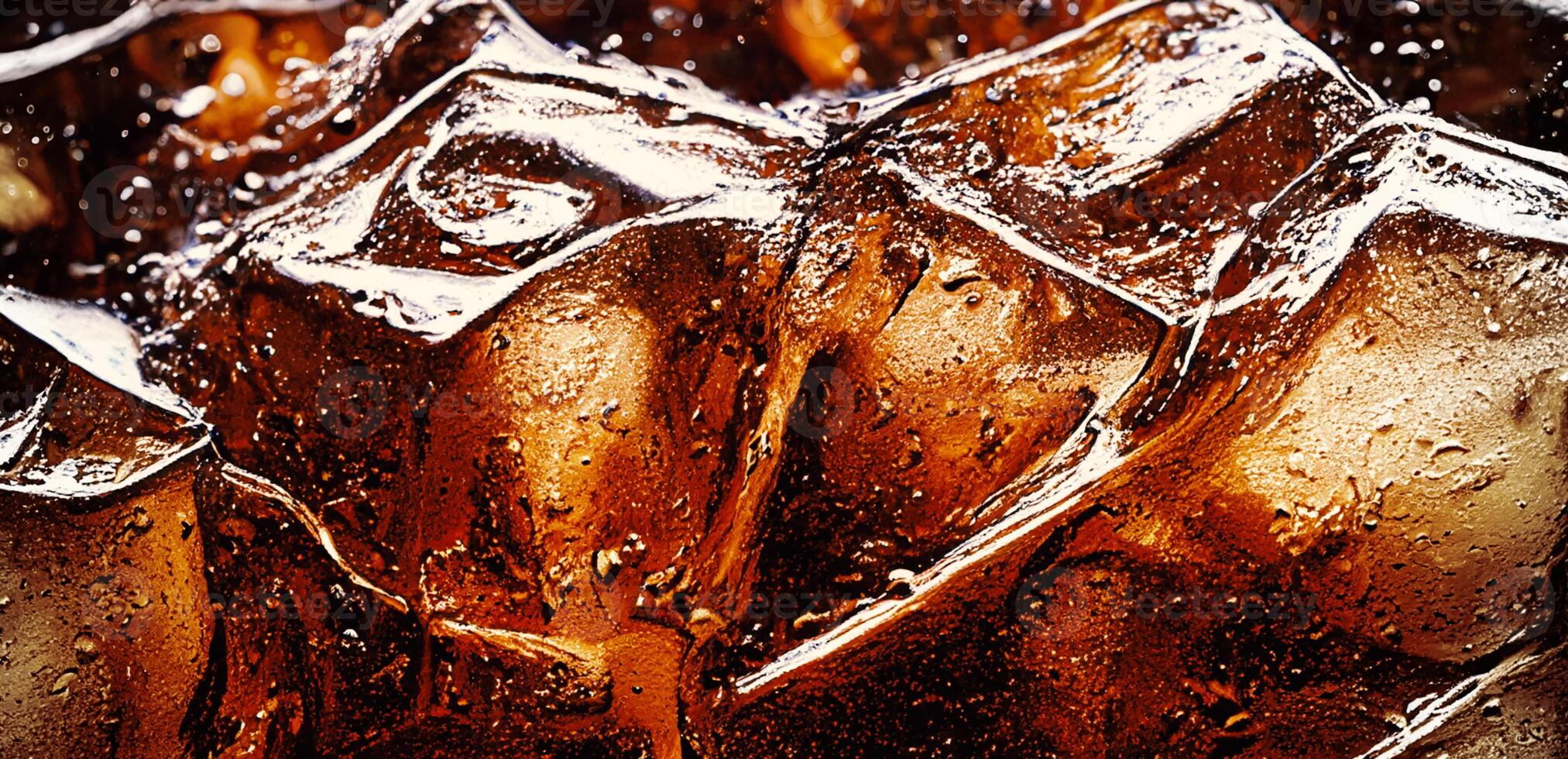 Cola with Ice. Close up of the ice cubes in cola water. Texture of carbonate drink with bubbles in glass. Cola soda and ice splashing fizzing or floating up to top of surface. Cold drink background. photo