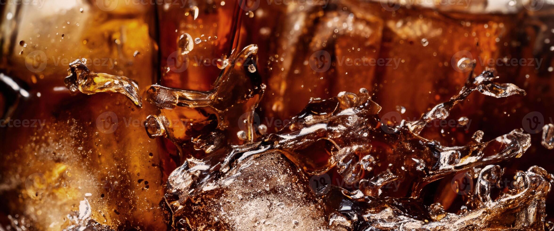 Cola soda and ice splashing fizzing or floating up to top of surface photo