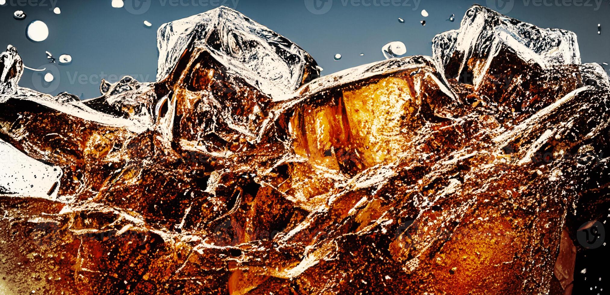 Cola with Ice. Close up of the ice cubes in cola water. Texture of carbonate drink with bubbles in glass. Cola soda and ice splashing fizzing or floating up to top of surface. Cold drink background. photo