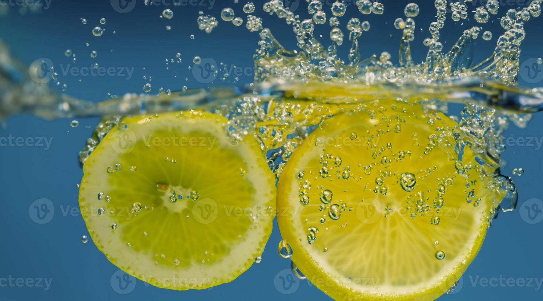 Underwater lemon slice in soda water or lemonade with bubbles. photo