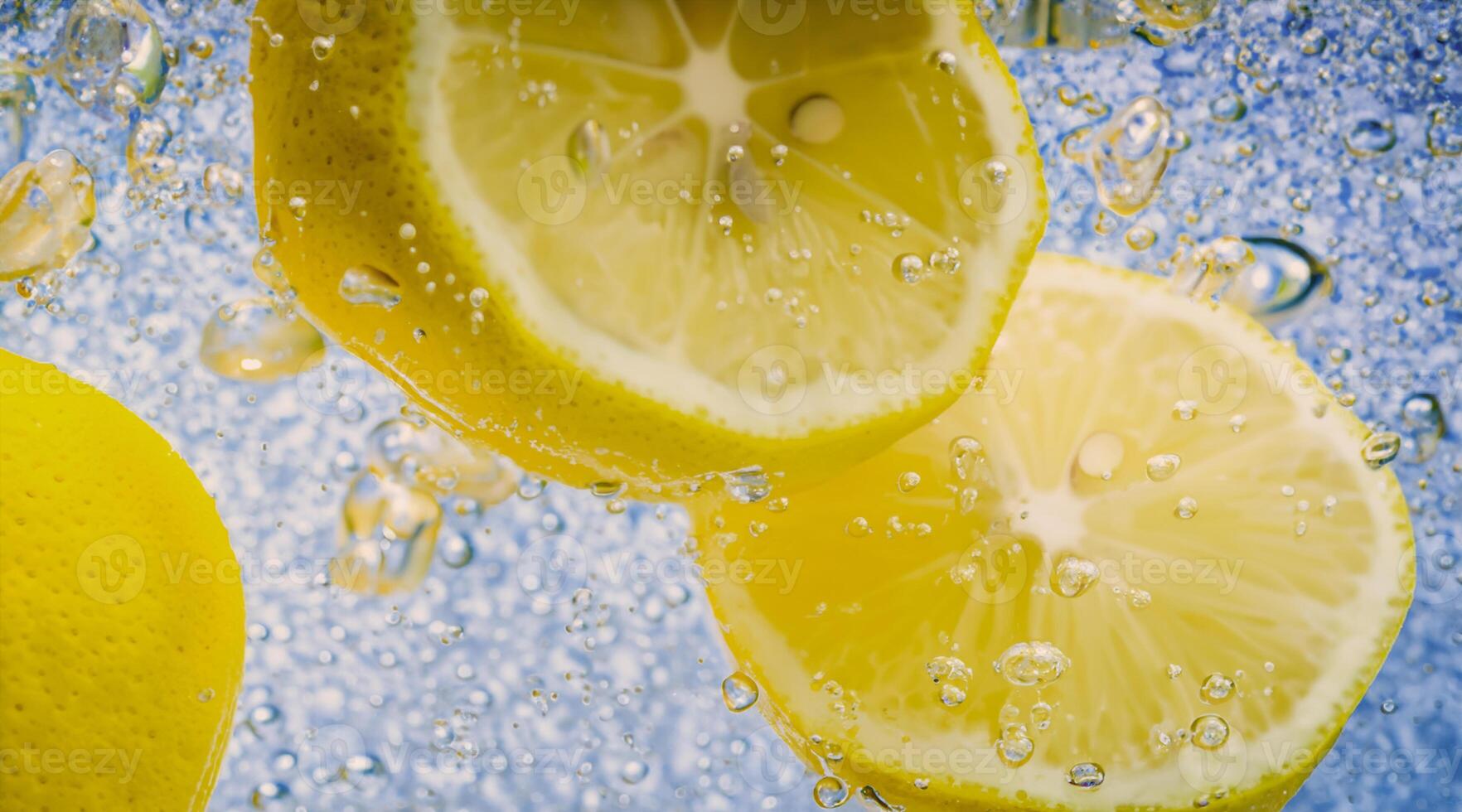 Underwater lemon slice in soda water or lemonade with bubbles. photo