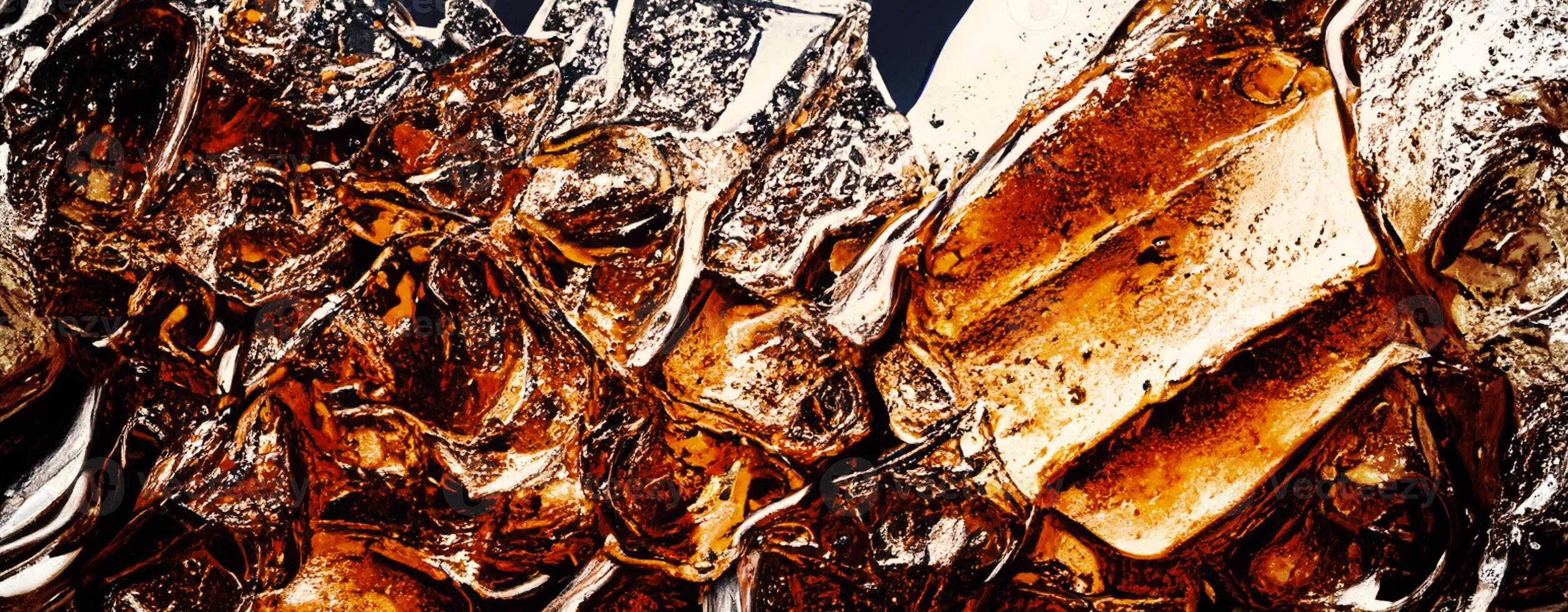 Cola with Ice. Close up of the ice cubes in cola water. Texture of carbonate drink with bubbles in glass. Cola soda and ice splashing fizzing or floating up to top of surface. Cold drink background. photo