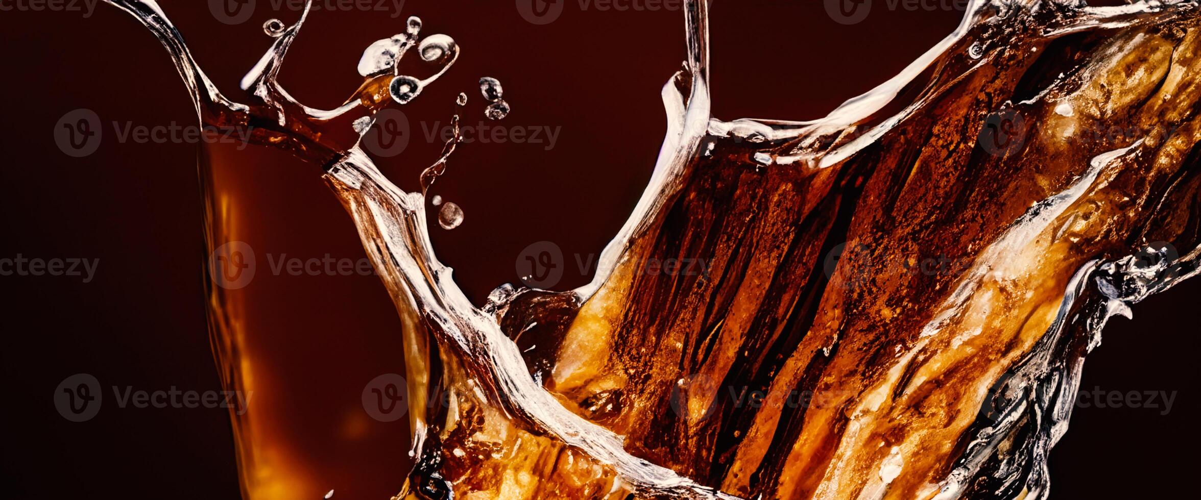 Splashing of Cola and Ice. Cola soda and ice splashing fizzing or floating up to top of surface. Close up of ice in cola water. Texture of carbonate drink with bubbles in glass. Cold drink background photo