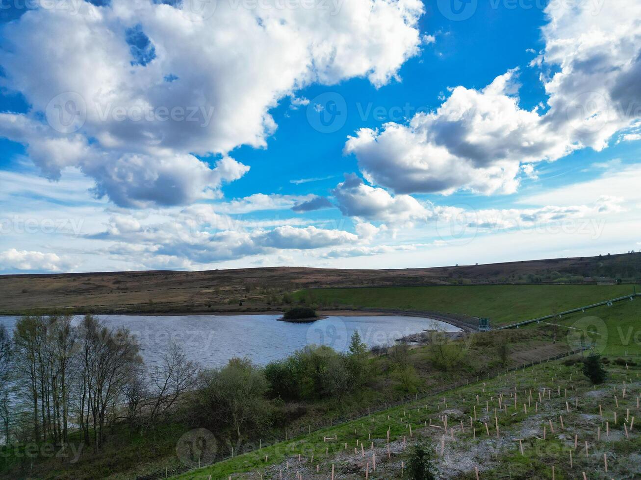 High Angle View of Most Beautiful British Landscape at Redmires Water Reservoirs over Hills of Sheffield City of England United Kingdom, April 30th, 2024 photo