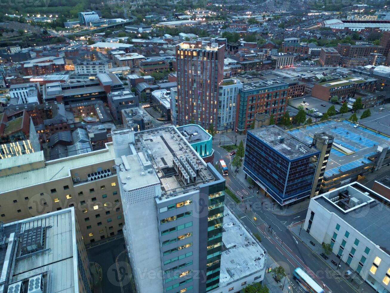 Beautiful Aerial View of Sheffield City Centre at Just After Sunset. England United Kingdom. April 29th, 2024 photo