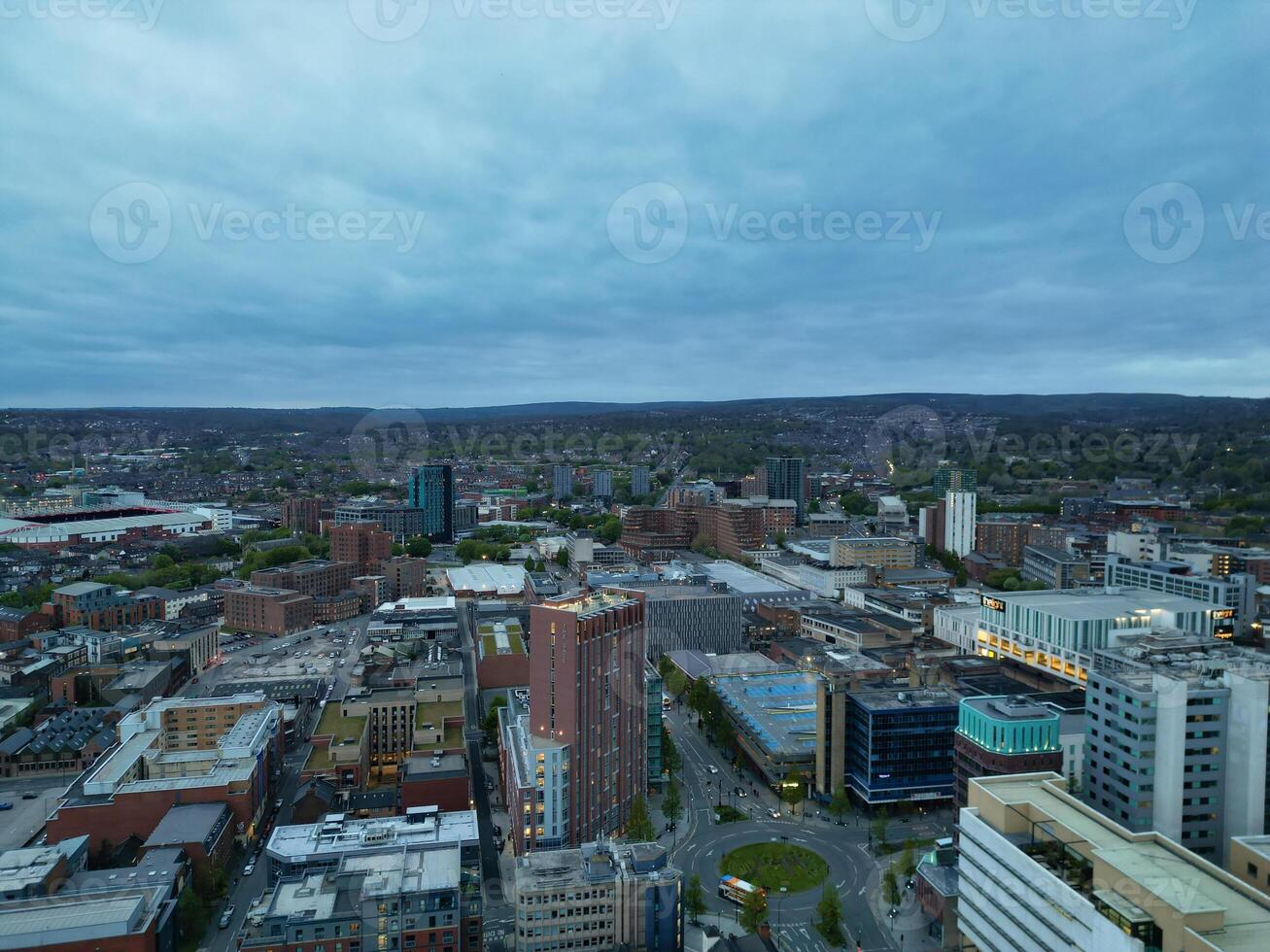 Beautiful Aerial View of Sheffield City Centre at Just After Sunset. England United Kingdom. April 29th, 2024 photo