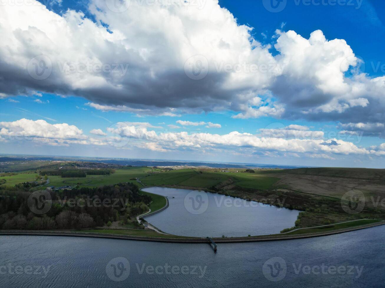 High Angle View of Most Beautiful British Landscape at Redmires Water Reservoirs over Hills of Sheffield City of England United Kingdom, April 30th, 2024 photo