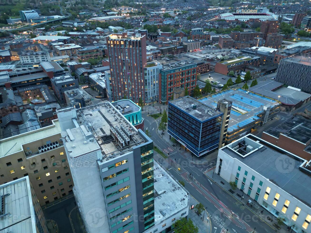 Beautiful Aerial View of Sheffield City Centre at Just After Sunset. England United Kingdom. April 29th, 2024 photo