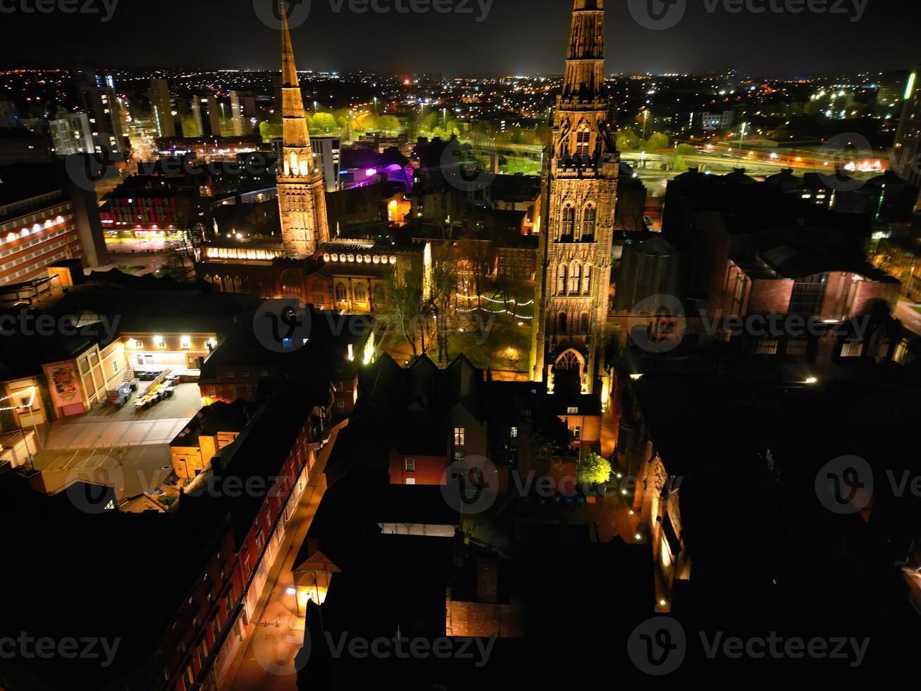 High Angle view of Illuminated Historical Central Coventry City of England, United Kingdom. April 8th, 2024 photo