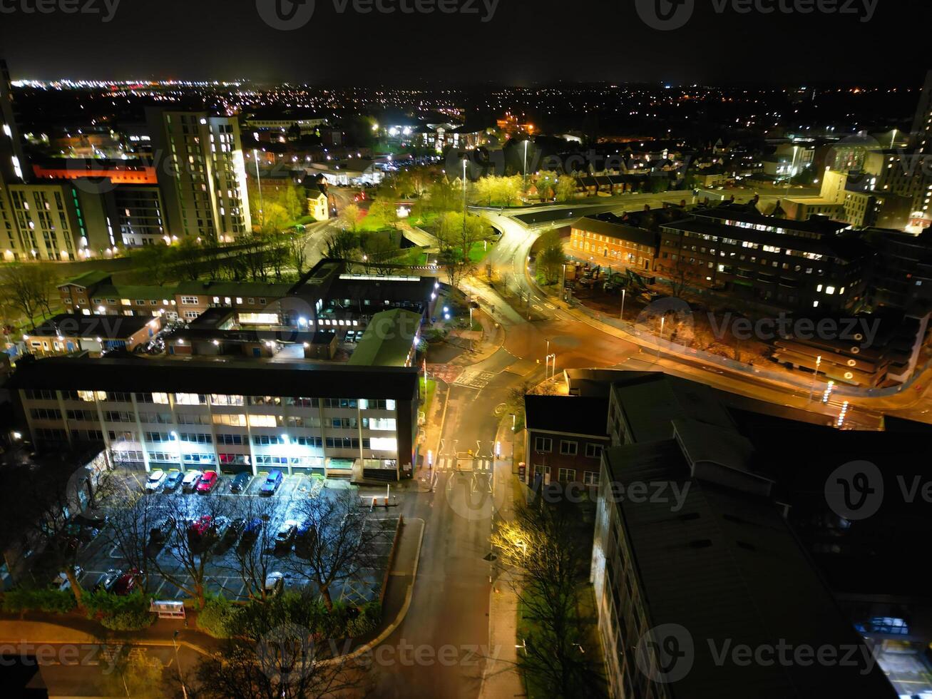 High Angle view of Illuminated Historical Central Coventry City of England, United Kingdom. April 8th, 2024 photo