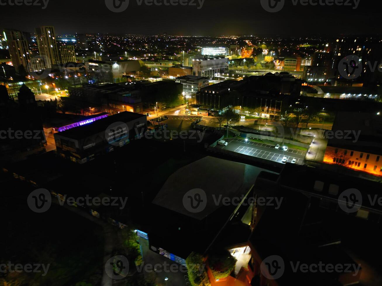 High Angle view of Illuminated Historical Central Coventry City of England, United Kingdom. April 8th, 2024 photo