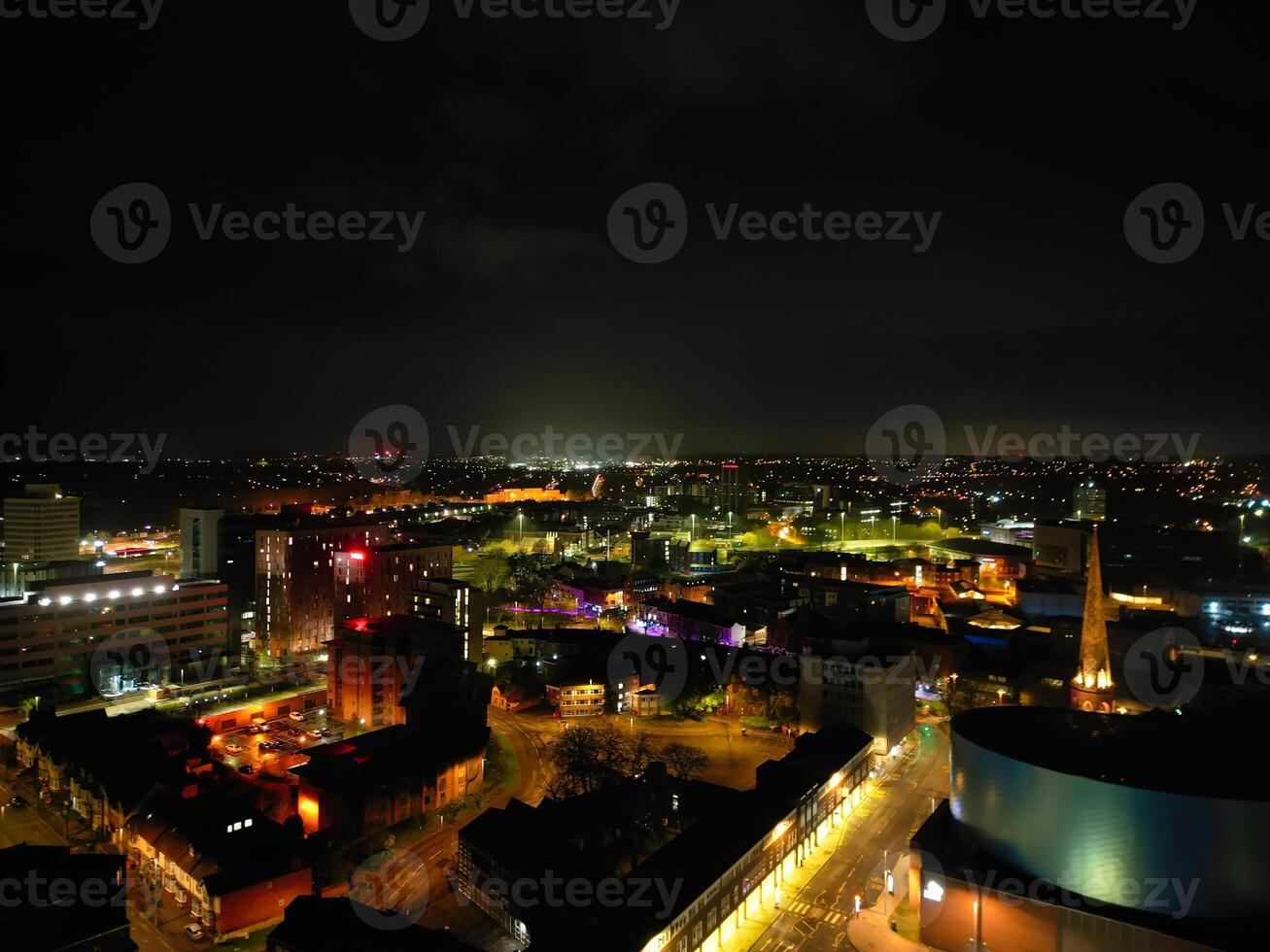 High Angle view of Illuminated Historical Central Coventry City of England, United Kingdom. April 8th, 2024 photo