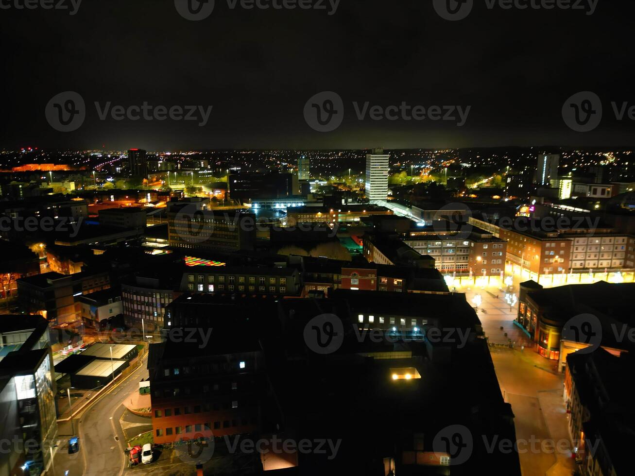 High Angle view of Illuminated Historical Central Coventry City of England, United Kingdom. April 8th, 2024 photo
