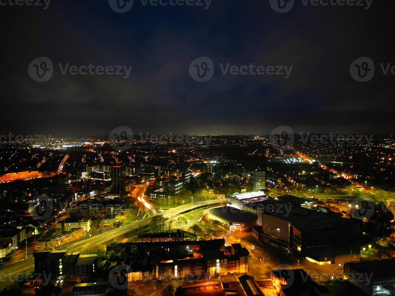 High Angle view of Illuminated Historical Central Coventry City of England, United Kingdom. April 8th, 2024 photo