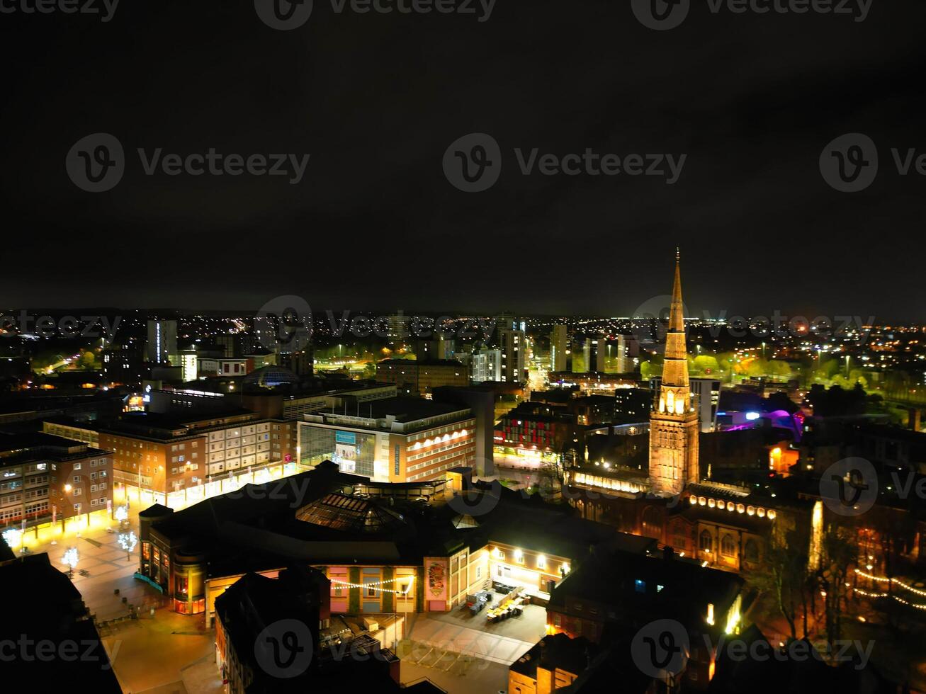 High Angle view of Illuminated Historical Central Coventry City of England, United Kingdom. April 8th, 2024 photo