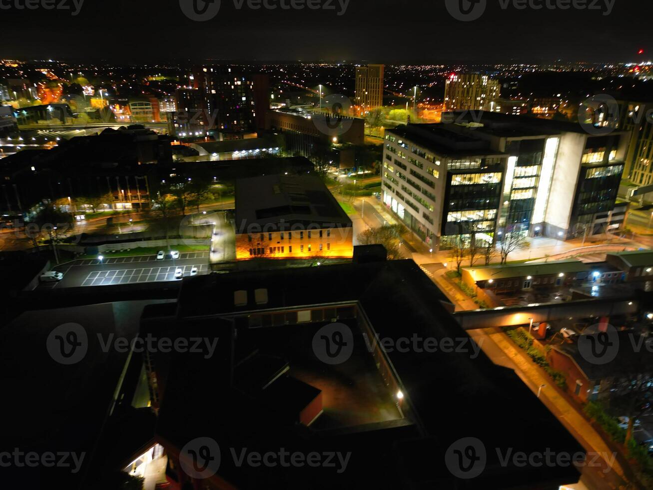 High Angle view of Illuminated Historical Central Coventry City of England, United Kingdom. April 8th, 2024 photo