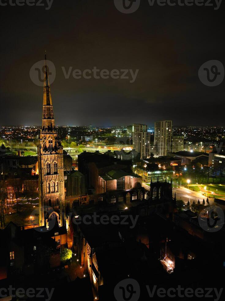 High Angle view of Illuminated Historical Central Coventry City of England, United Kingdom. April 8th, 2024 photo