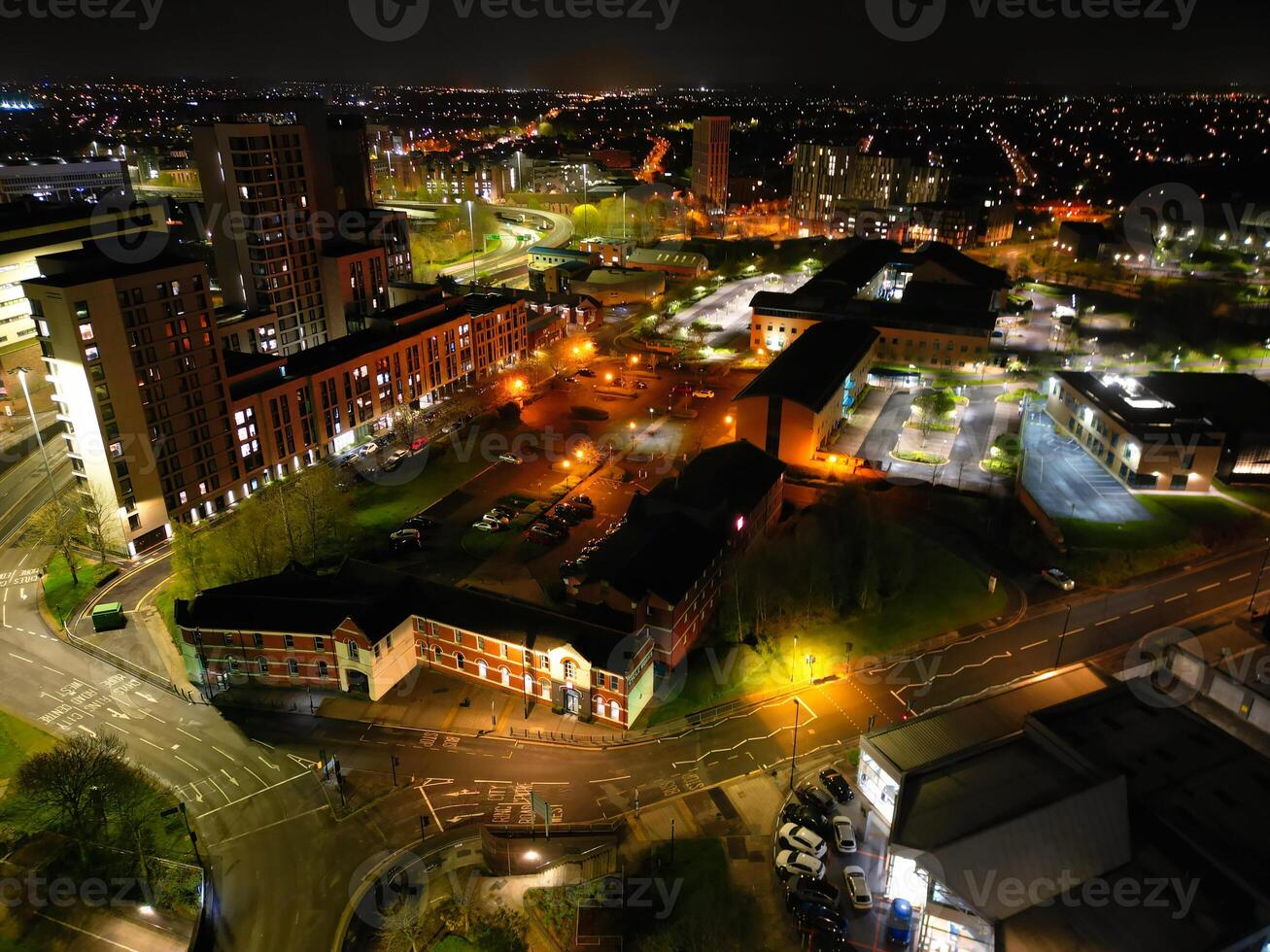 High Angle view of Illuminated Historical Central Coventry City of England, United Kingdom. April 8th, 2024 photo
