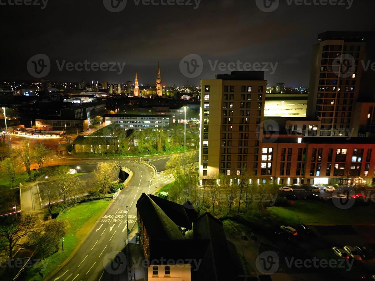 High Angle view of Illuminated Historical Central Coventry City of England, United Kingdom. April 8th, 2024 photo