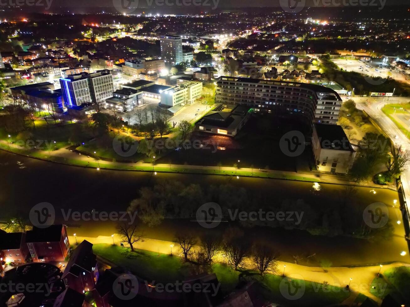 Night Aerial View of Illuminated Historical Central Bedford City of England UK. April 5th, 2024 photo